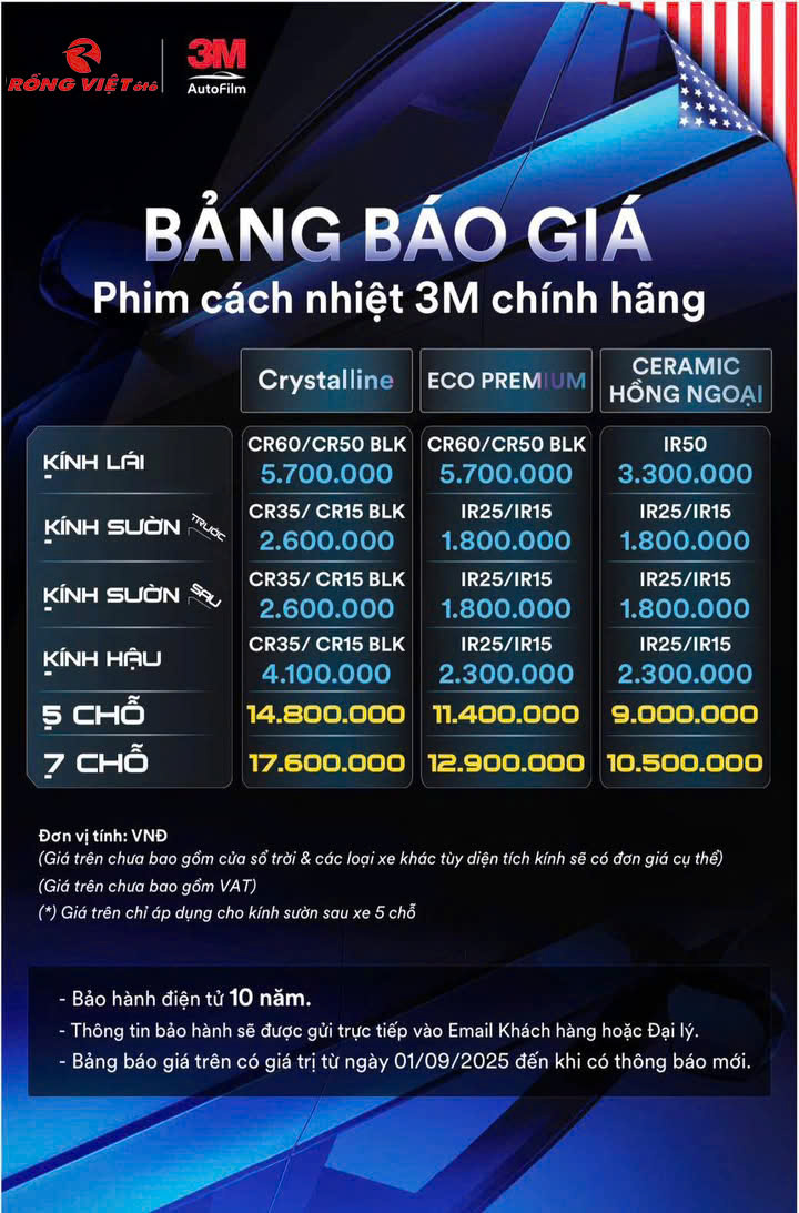 Lưu ý: Giá đã bao gồm công lắp đặt tại phòng kín đạt chuẩn của Rồng Việt Ô Tô.